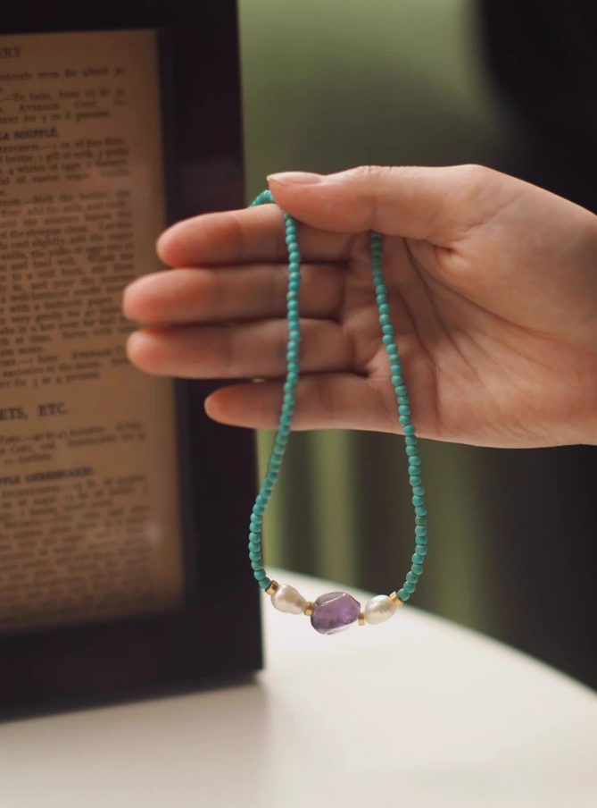 Amethyst Beaded Necklace with Turquoise & Pearl