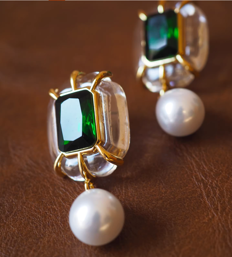 Emerald Pearl Tassel Earrings